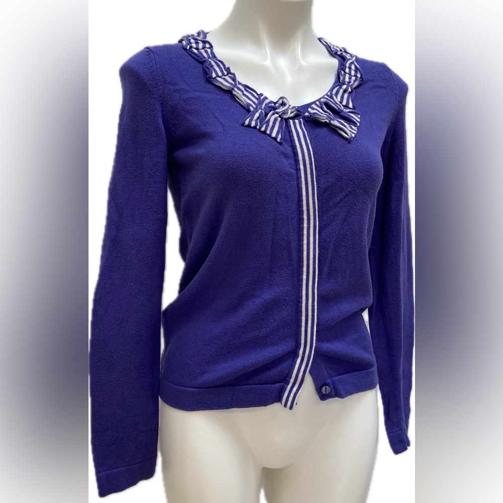 BODEN PURPLE STRIPED BOW HIDDEN BUTTON FRONT LIGHTWEIGHT UNIQUE CARDIGAN